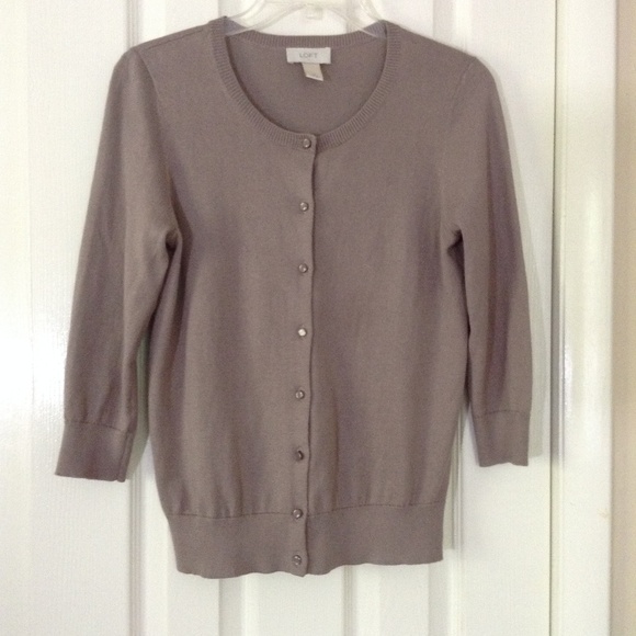 Loft Taupe 3/4 Sleeve Cotton Cardigan Top - Picture 3 of 6